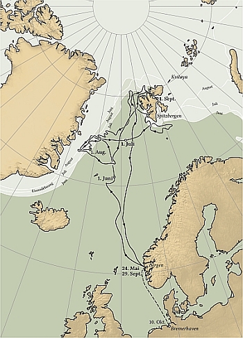 Route der ersten deutschen Arktisexpedition – Karte: Tentotwo