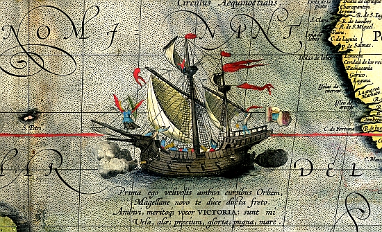 Karte von Ortelius mit Magellans Schiff Victoria